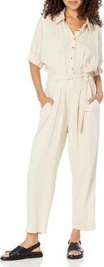 BlankNYC Linen Blend Cream Full Length Jumpsuit Size Small
